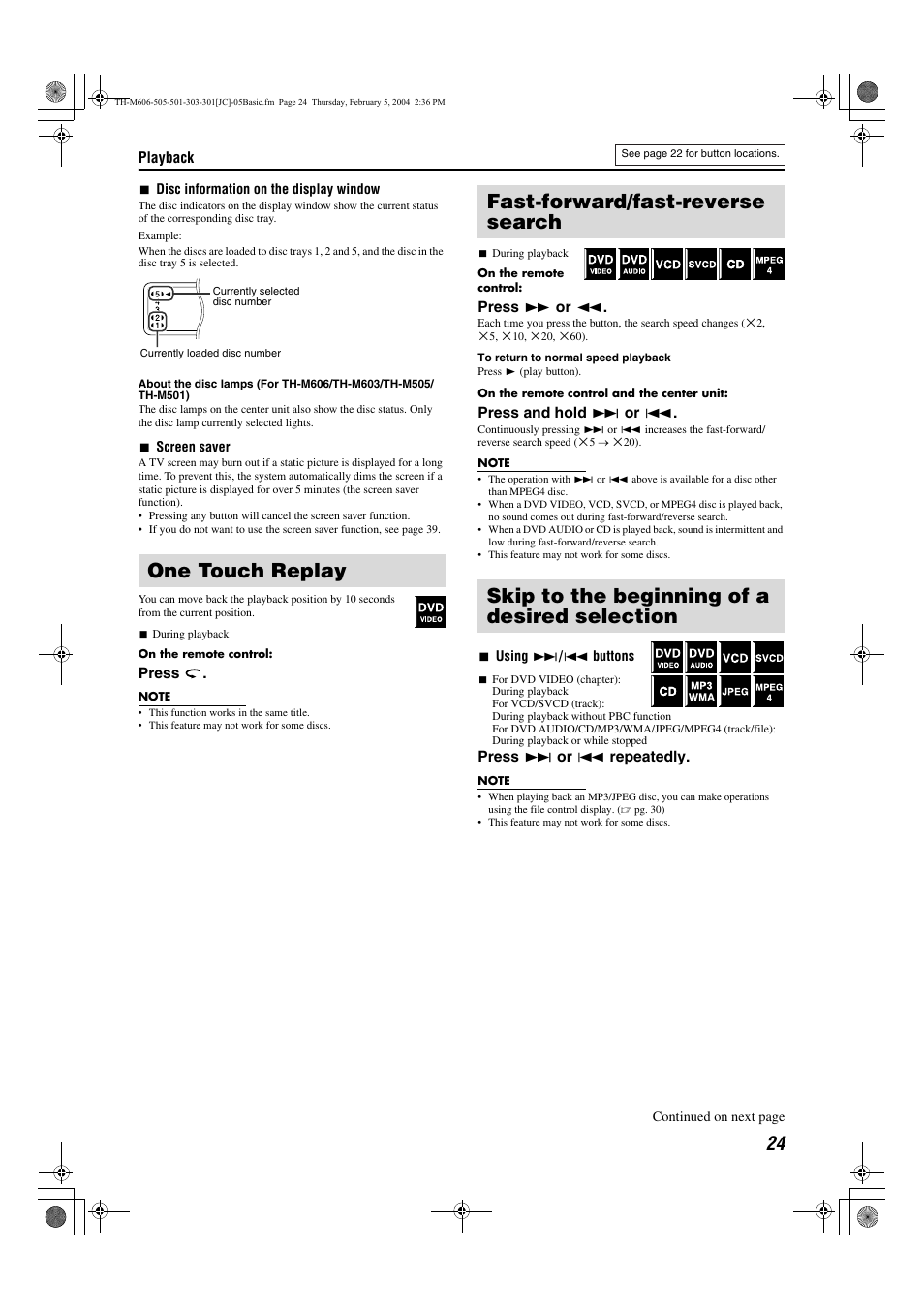 One touch replay, Fast-forward/fast-reverse search, Skip to the beginning of a desired selection | Using the surround mode, Using the on-screen bar, Playing from a specified position on a disc, Pg. 24, Pg. 24, 42 | JVC TH-M606/TH-M603 User Manual | Page 27 / 52