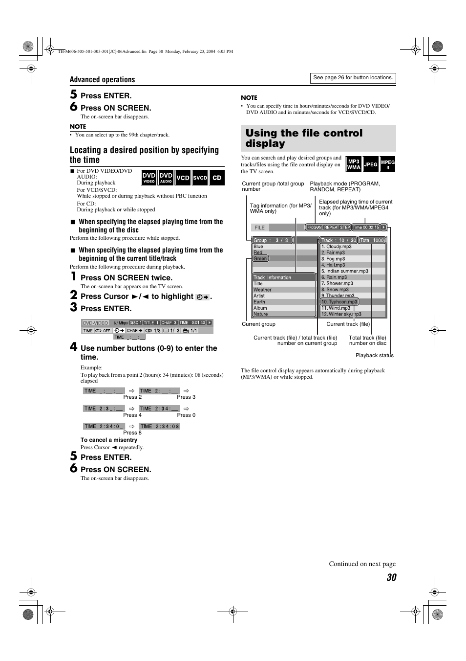 Using the file control display, Random playback, Screen | A pg. 30), A pg. 30) appears on, Display, A pg. 30) on the, Pg. 35), Locating a desired position by specifying the time | JVC TH-M606/TH-M603 User Manual | Page 33 / 52