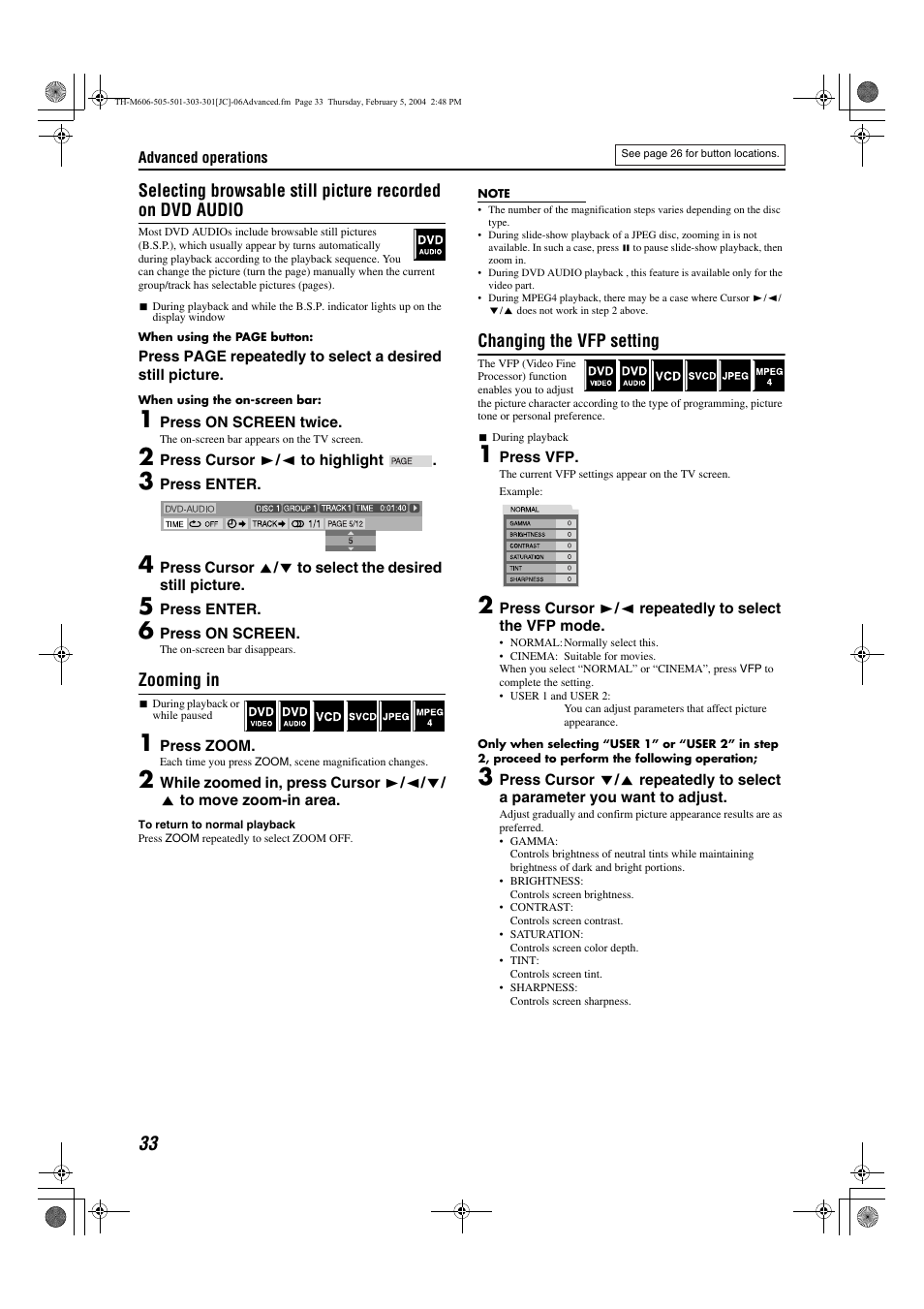 Pg. 33, Angle, A pg. 31) | Zooming in, Changing the vfp setting | JVC TH-M606/TH-M603 User Manual | Page 36 / 52