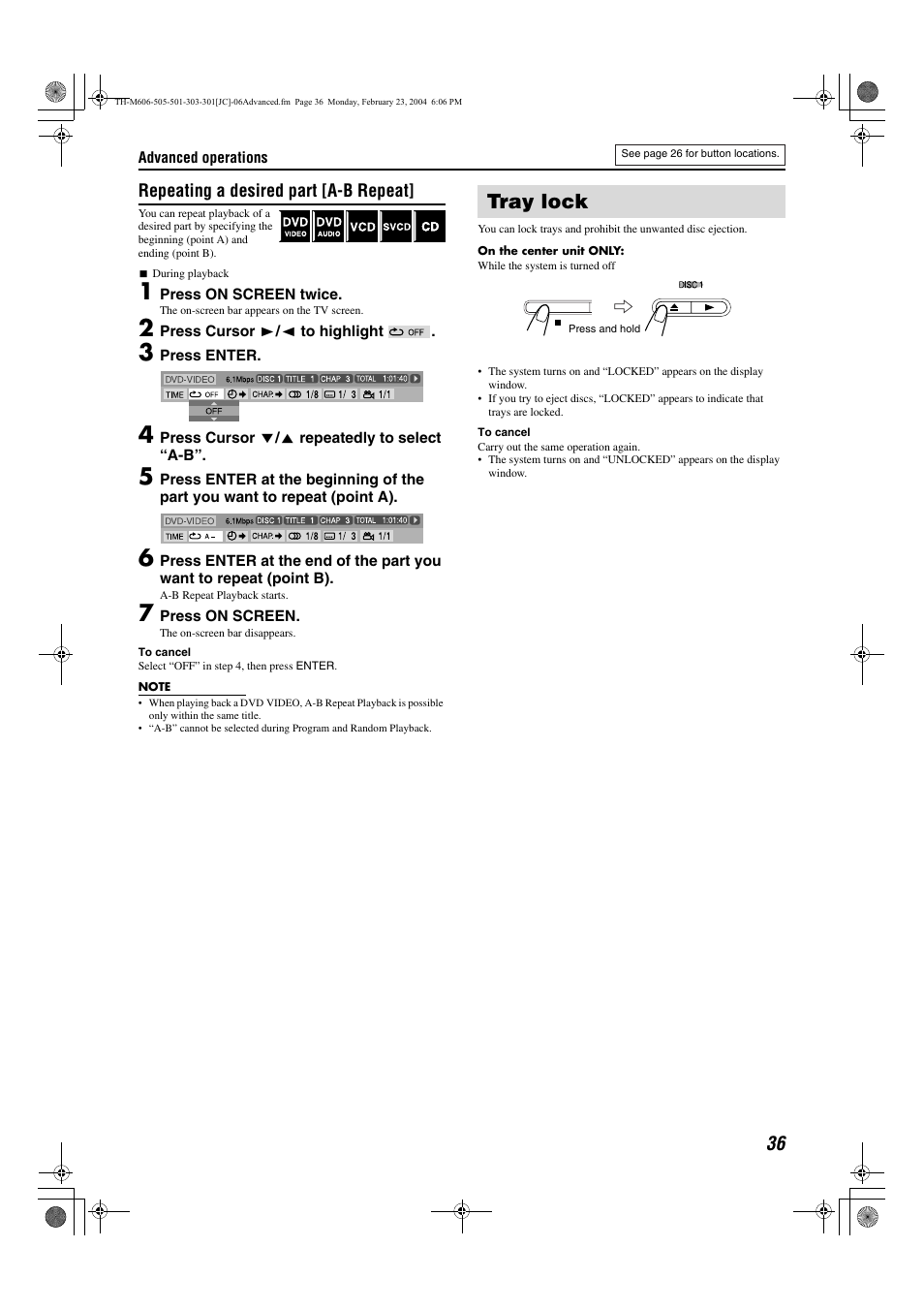 Tray lock, Tuner operations | JVC TH-M606/TH-M603 User Manual | Page 39 / 52