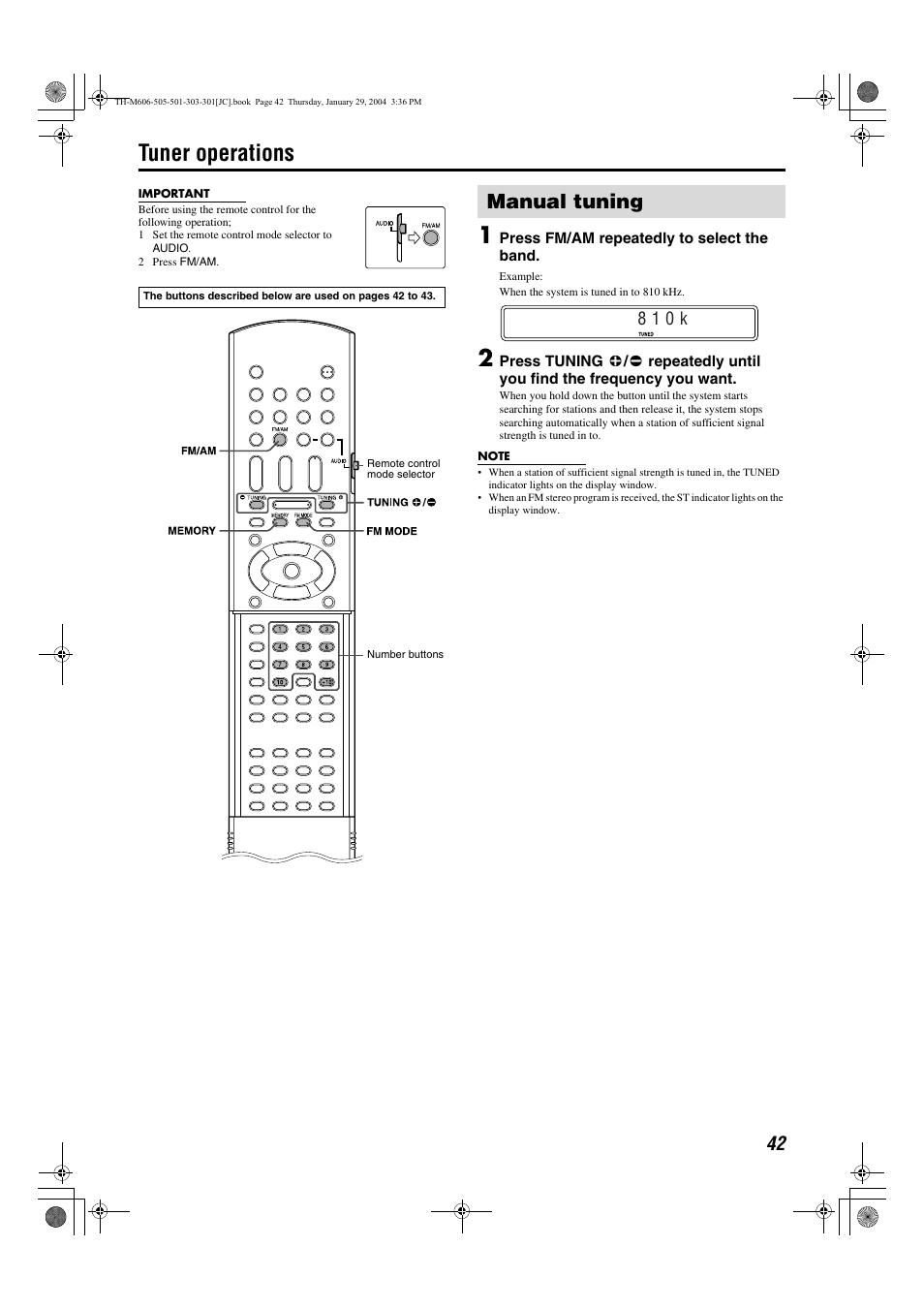 Tuner operations, Manual tuning, System | Pg. 42, Station, A pg. 42), 8 1 0 k | JVC TH-M606/TH-M603 User Manual | Page 45 / 52