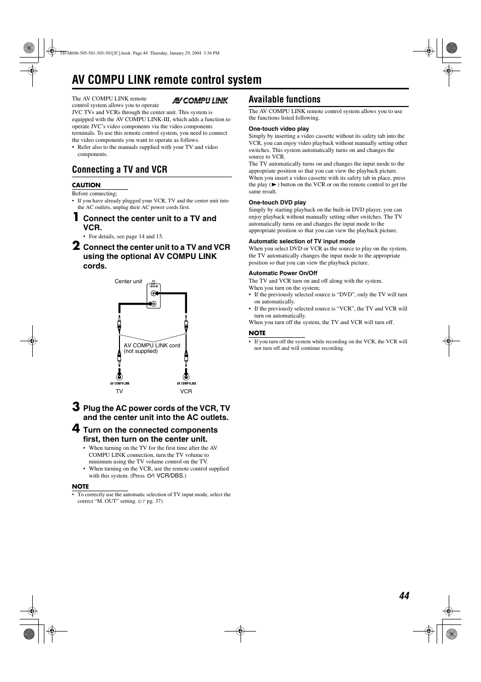 Av compu link remote control system, Pg. 44, Control system | A pg. 44), Connecting a tv and vcr, Available functions | JVC TH-M606/TH-M603 User Manual | Page 47 / 52