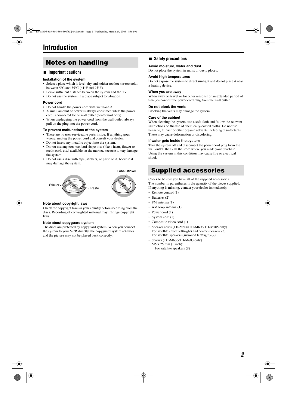 Introduction, Notes on handling, Supplied accessories | Description of parts and controls, Connections | JVC TH-M606/TH-M603 User Manual | Page 5 / 52