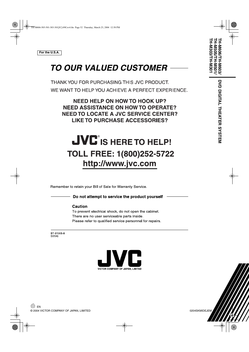 JVC TH-M606/TH-M603 User Manual | Page 52 / 52