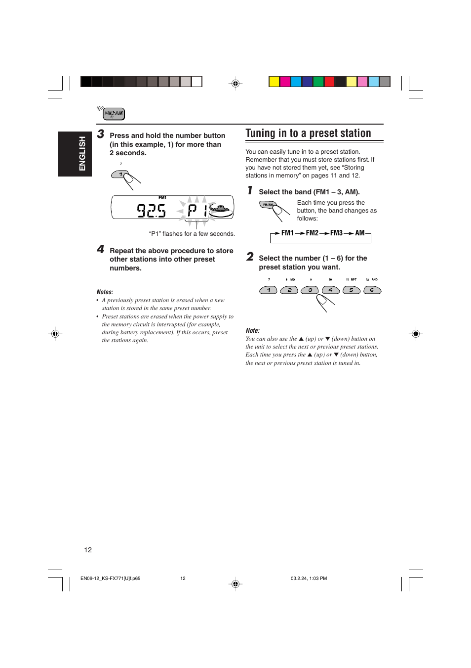 Tuning in to a preset station | JVC GET0139-001A User Manual | Page 12 / 33