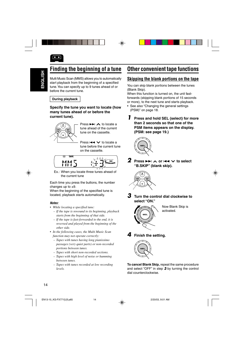 Other convenient tape functions, Finding the beginning of a tune, Skipping the blank portions on the tape | JVC GET0139-001A User Manual | Page 14 / 33