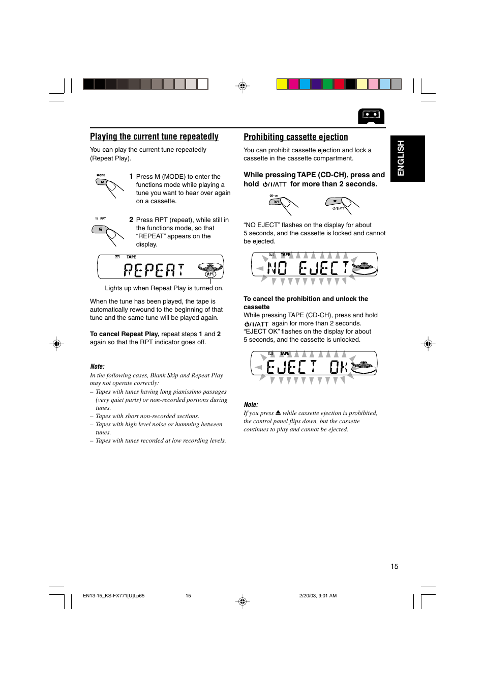Playing the current tune repeatedly, Prohibiting cassette ejection, English | JVC GET0139-001A User Manual | Page 15 / 33
