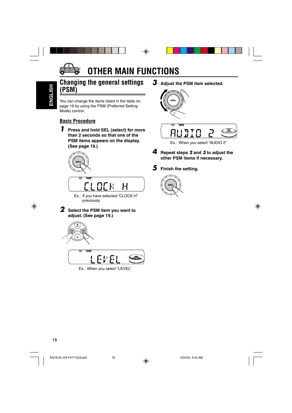 Other main functions, Changing the general settings (psm) | JVC GET0139-001A User Manual | Page 18 / 33