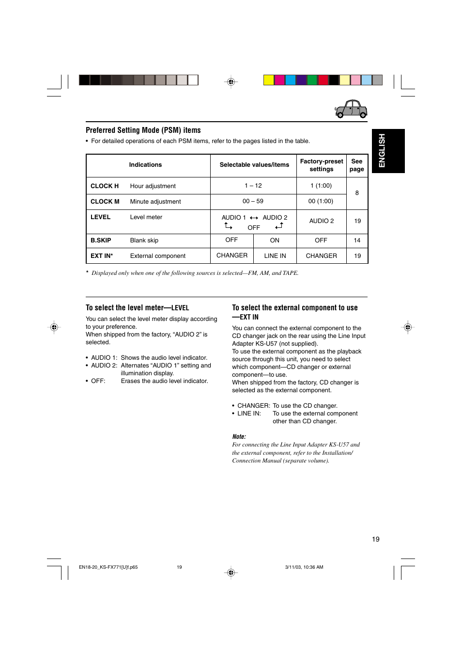 English to select the level meter, Preferred setting mode (psm) items | JVC GET0139-001A User Manual | Page 19 / 33