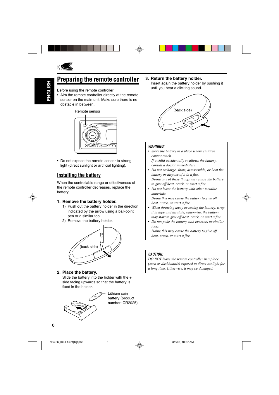 Preparing the remote controller, Installing the battery, English | JVC GET0139-001A User Manual | Page 6 / 33