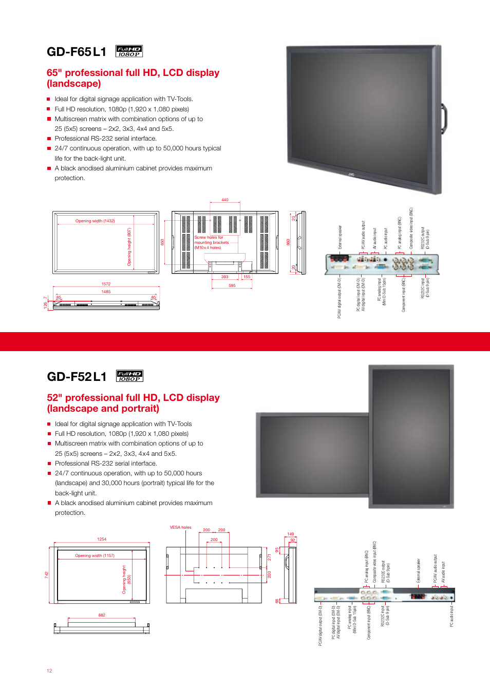 Gd-f65 l1, Gd-f52 l1, 65" professional full hd, lcd display (landscape) | JVC CO-46LCD-BD User Manual | Page 12 / 16