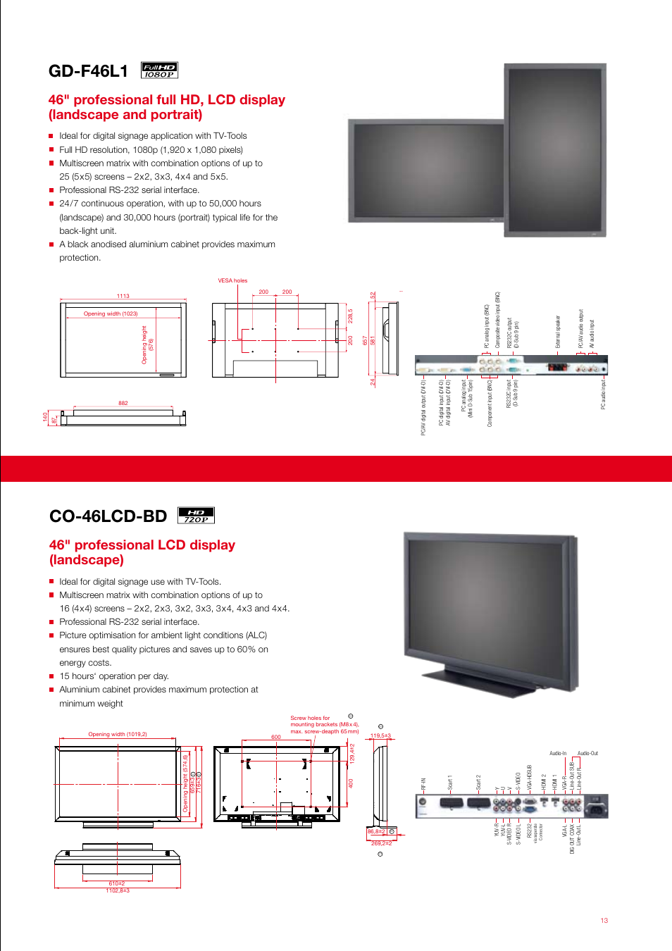 Gd-f46l1, Co-46lcd-bd, 46" professional lcd display (landscape) | Maßeinheit: mm, Yuv -r yuv -l s-video r s-video l rs232 | JVC CO-46LCD-BD User Manual | Page 13 / 16