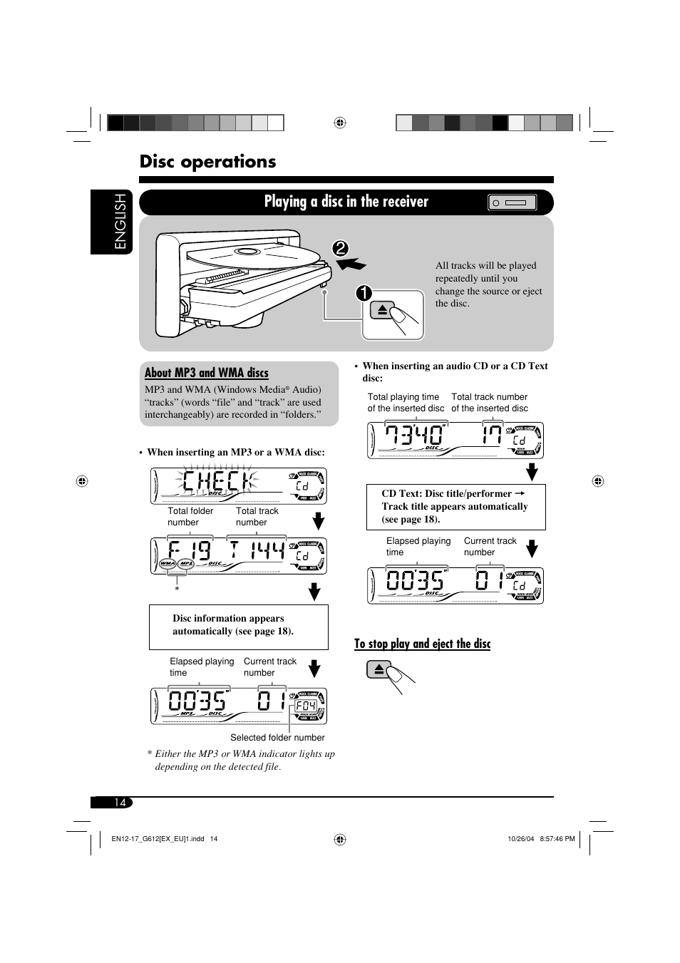 Disc operations, Playing a disc in the receiver, English | About mp3 and wma discs | JVC GET0266-003A User Manual | Page 14 / 84