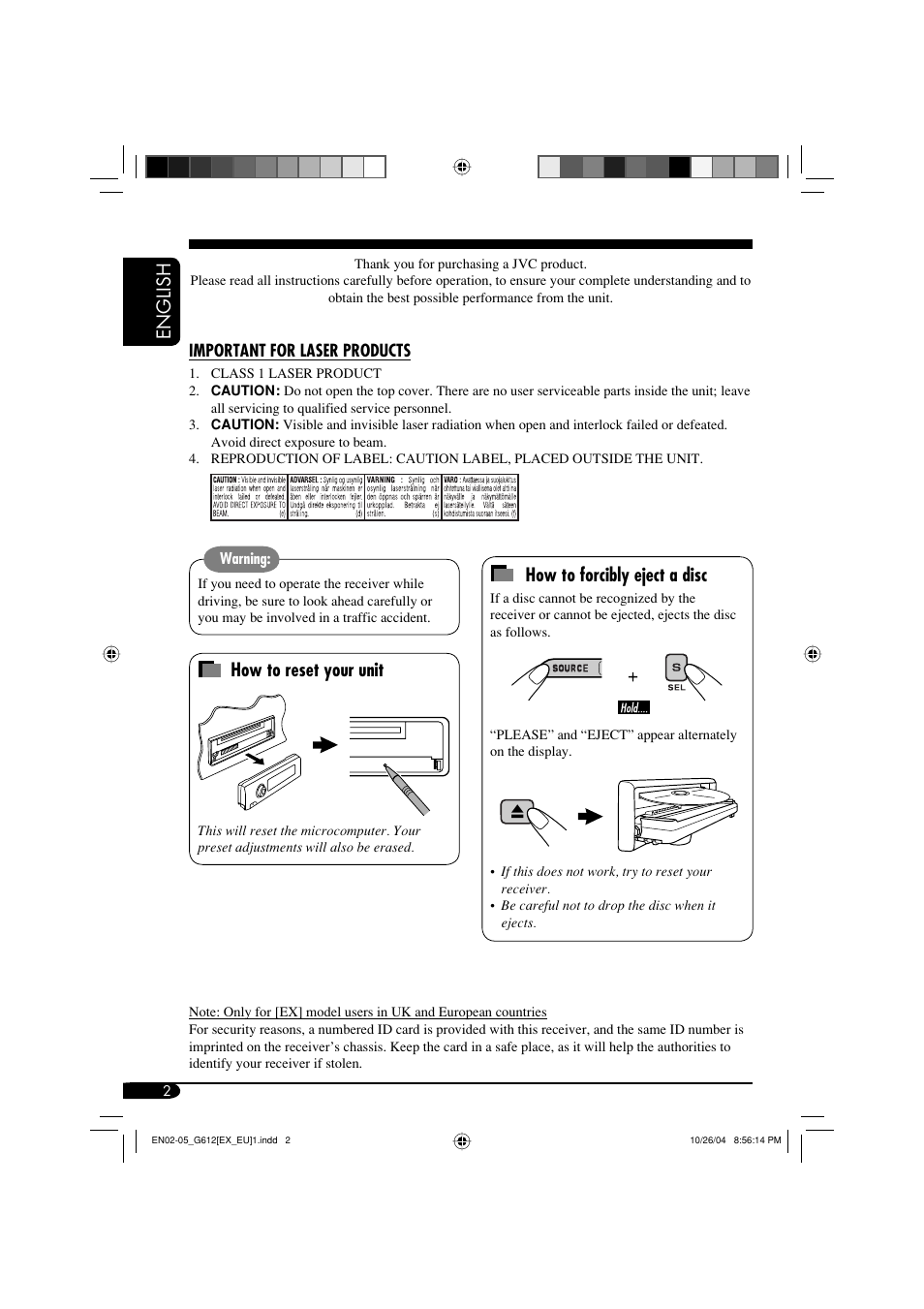 Important for laser products, English how to forcibly eject a disc, How to reset your unit | JVC GET0266-003A User Manual | Page 2 / 84