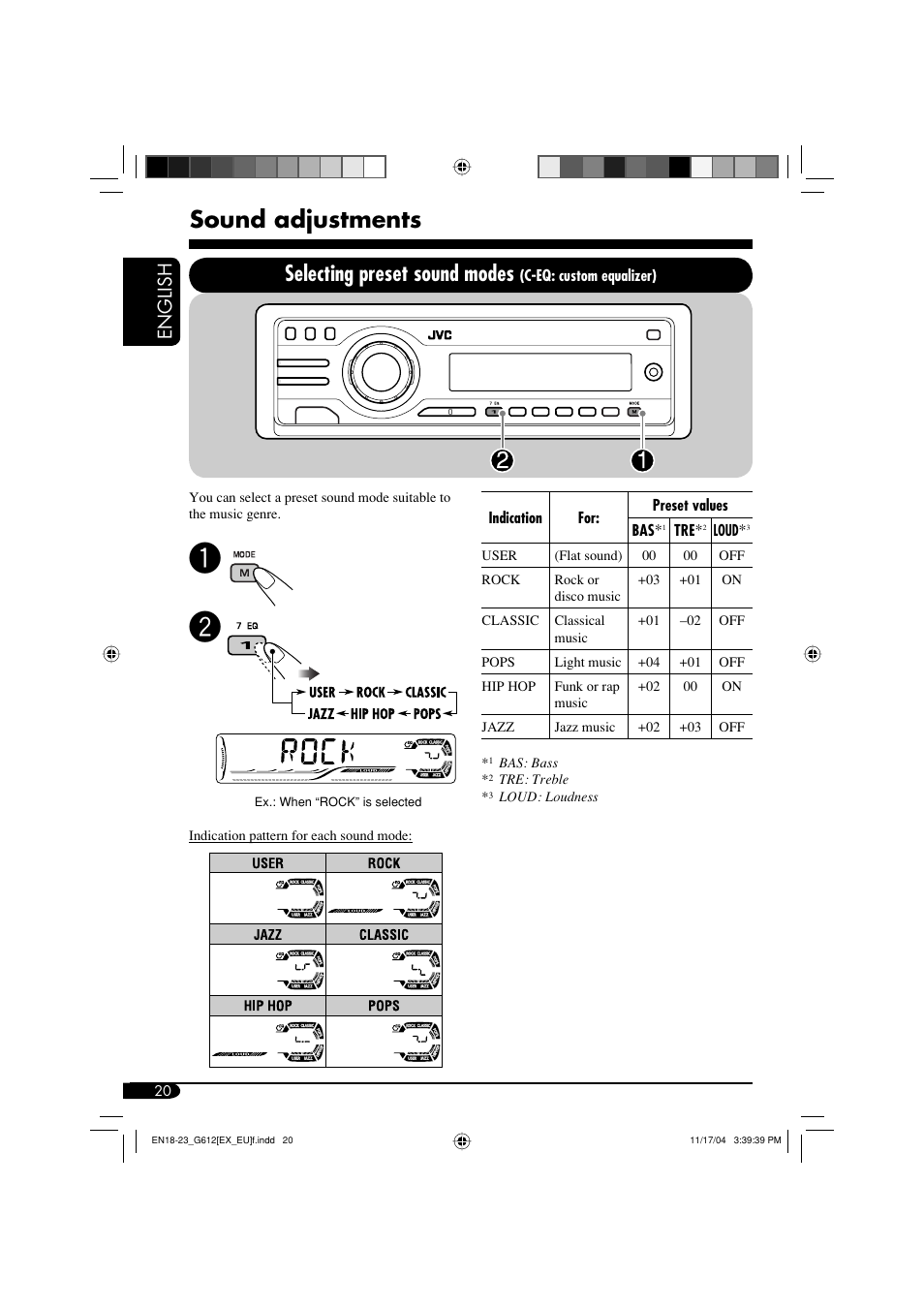 Sound adjustments, Selecting preset sound modes, English | JVC GET0266-003A User Manual | Page 20 / 84