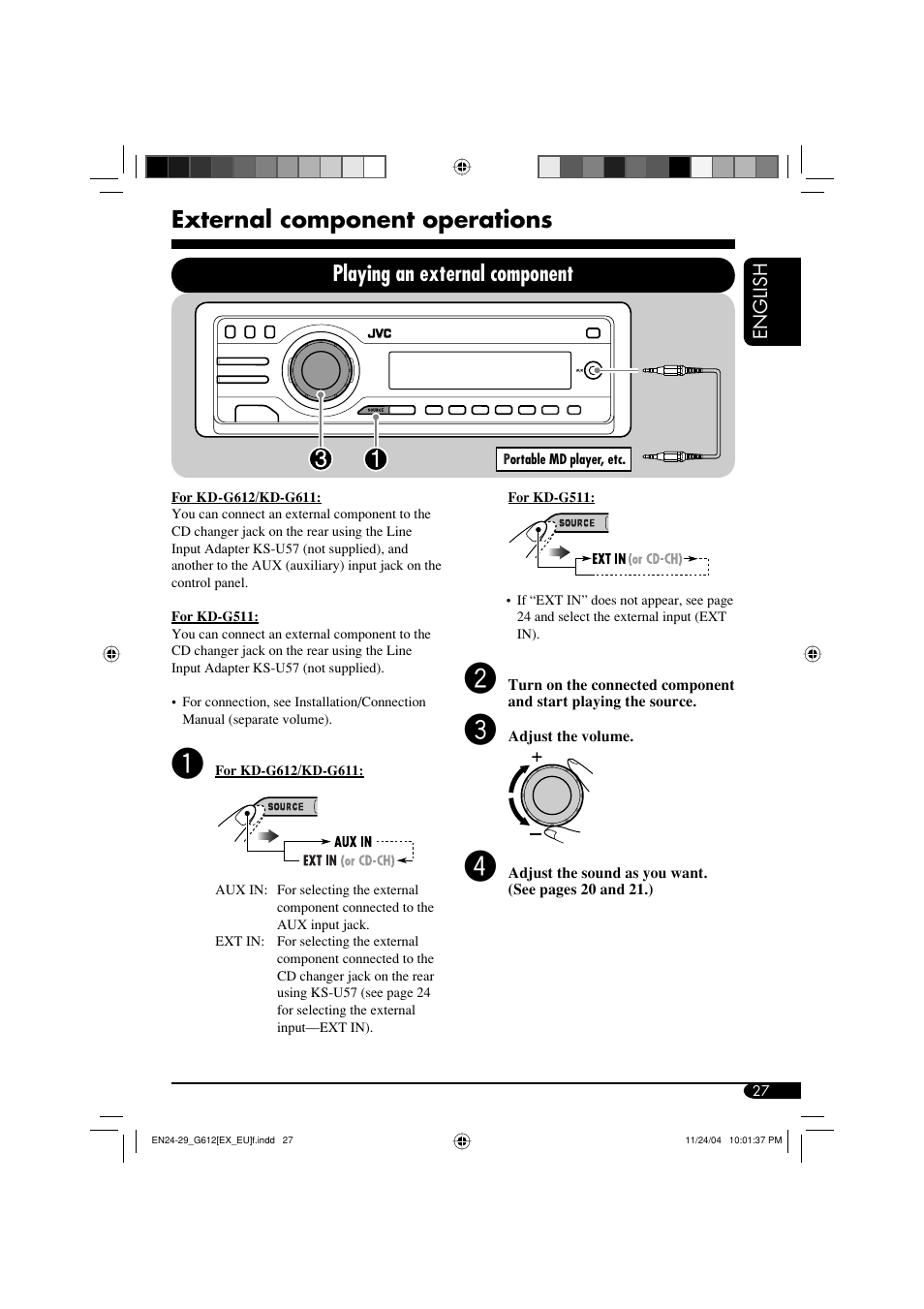 External component operations, Playing an external component | JVC GET0266-003A User Manual | Page 27 / 84