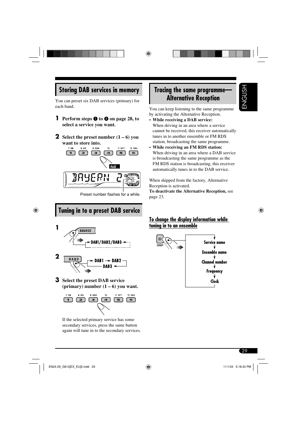 Tuning in to a preset dab service, Tracing the same programme— alternative reception | JVC GET0266-003A User Manual | Page 29 / 84