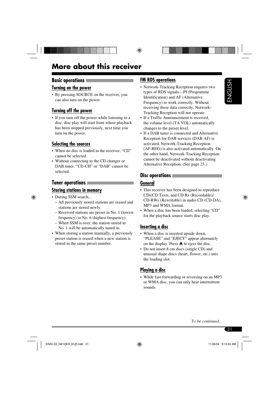 More about this receiver, English, Basic operations | Tuner operations, Disc operations | JVC GET0266-003A User Manual | Page 31 / 84
