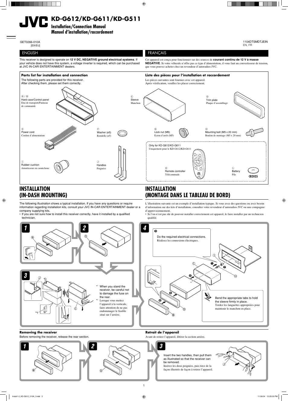 Installation/connection manual, Installation, Installation (in-dash mounting) | Installation (montage dans le tableau de bord), English, Français | JVC GET0266-003A User Manual | Page 39 / 84