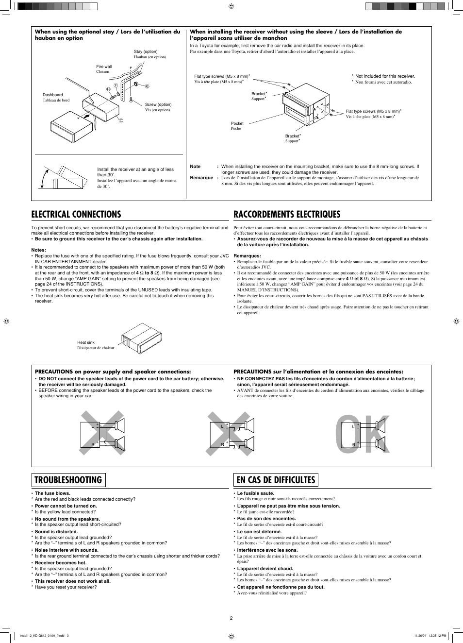 Electrical connections, Troubleshooting, Raccordements electriques | En cas de difficultes | JVC GET0266-003A User Manual | Page 40 / 84