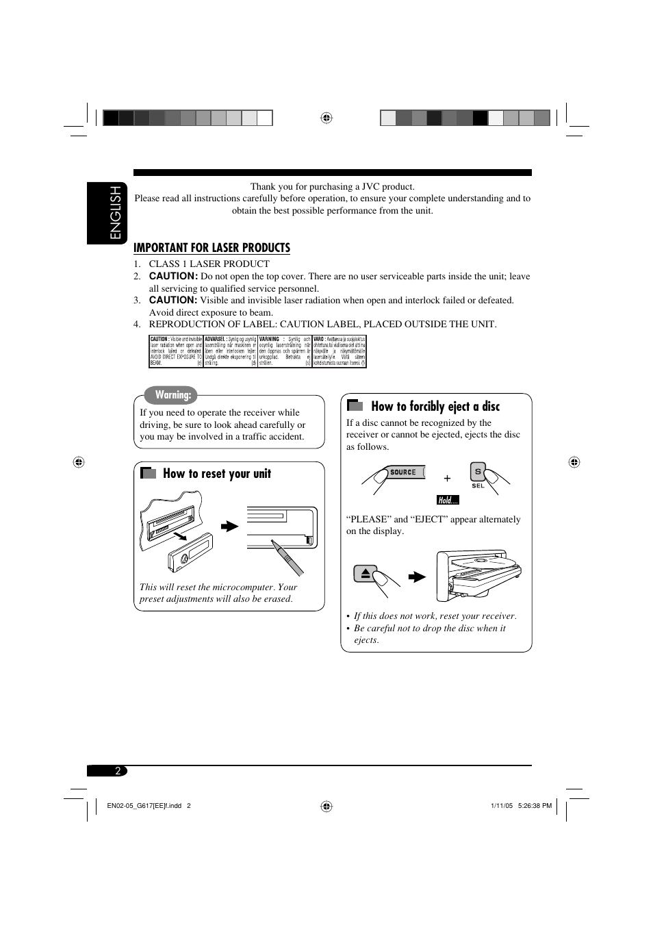 Important for laser products, English how to forcibly eject a disc, How to reset your unit | JVC GET0266-003A User Manual | Page 44 / 84