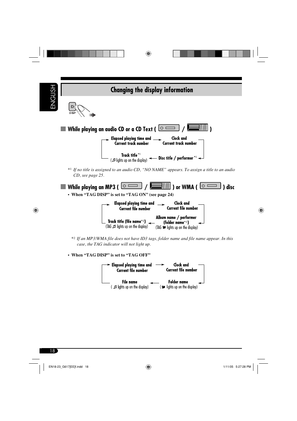 Changing the display information, English, While playing an audio cd or a cd text ( / ) | While playing an mp3 ( / ) or wma ( ) disc | JVC GET0266-003A User Manual | Page 60 / 84