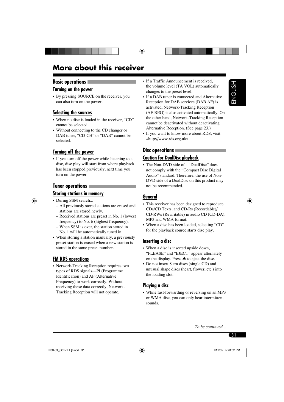 More about this receiver, English, Basic operations | Tuner operations, Disc operations | JVC GET0266-003A User Manual | Page 73 / 84