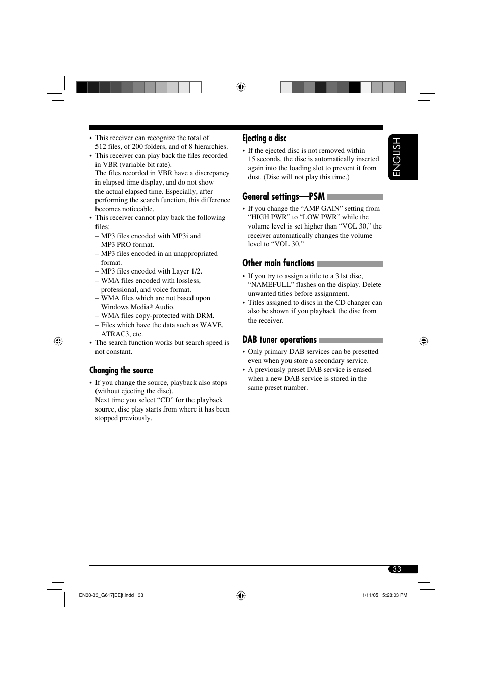 English, General settings—psm, Other main functions | Dab tuner operations | JVC GET0266-003A User Manual | Page 75 / 84