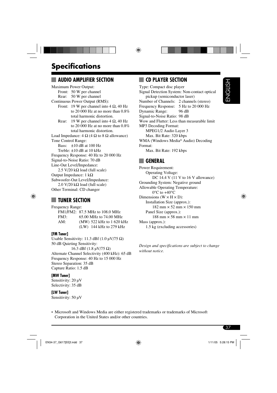 Specifications, English, General | JVC GET0266-003A User Manual | Page 79 / 84