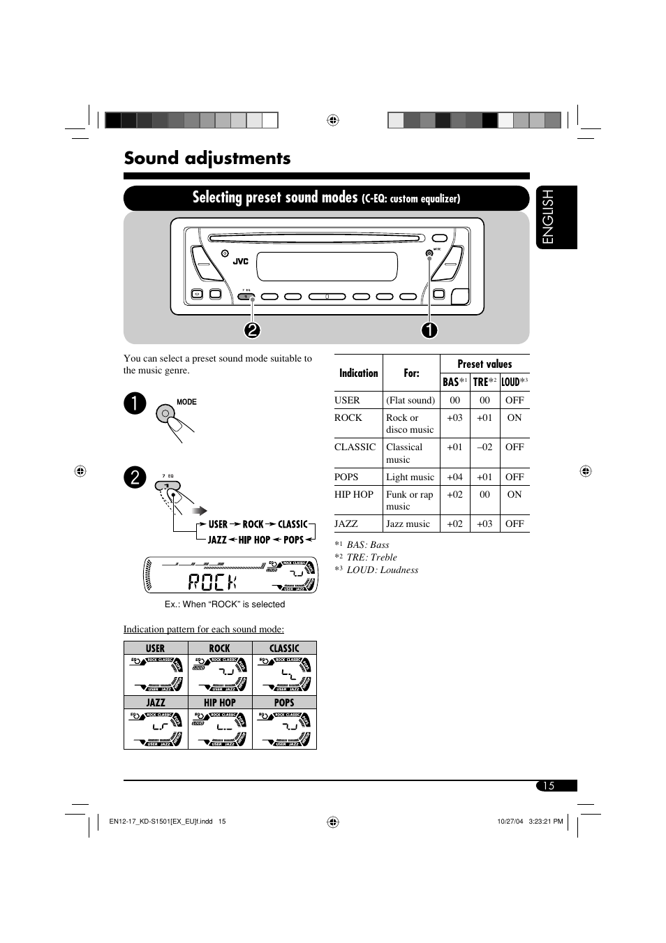 Sound adjustments, Selecting preset sound modes, English | JVC GET0287-003B User Manual | Page 15 / 26