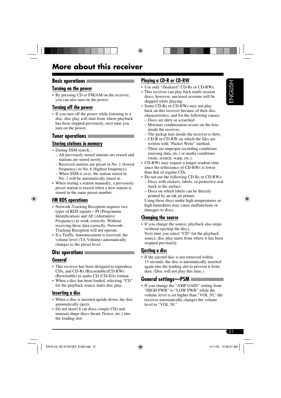 More about this receiver, English, Basic operations | Tuner operations, Disc operations, General settings—psm | JVC GET0287-003B User Manual | Page 21 / 26