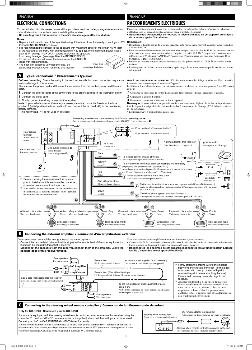 Electrical connections, Raccordements electriques, English français | JVC GET0287-003B User Manual | Page 26 / 26