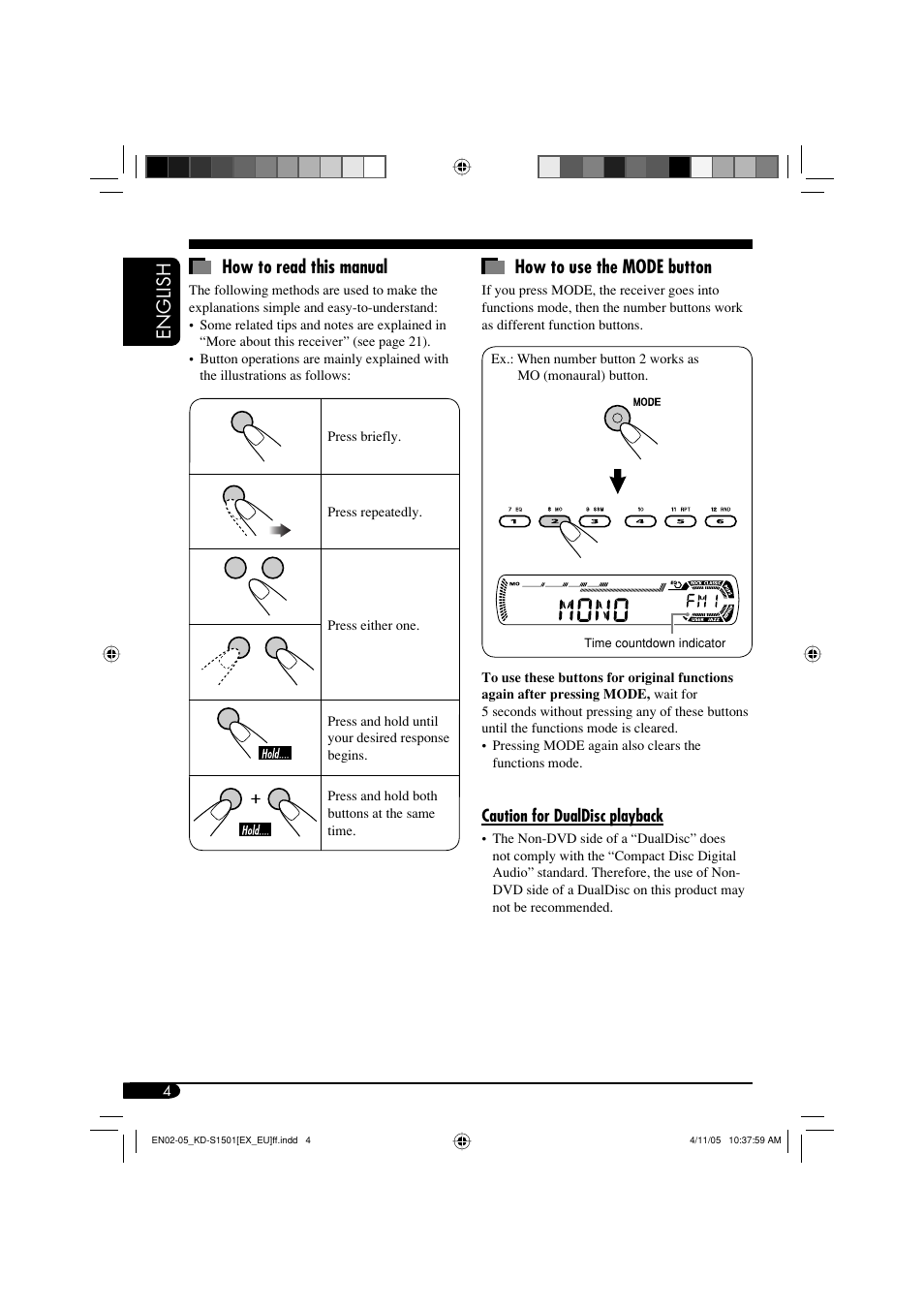 English how to read this manual, How to use the mode button | JVC GET0287-003B User Manual | Page 4 / 26