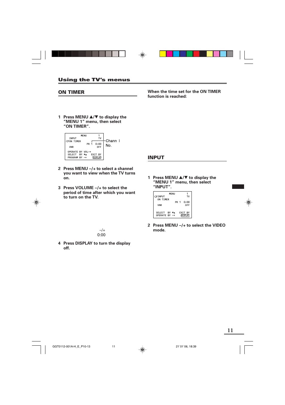 On timer, Input | JVC AV-1406FE User Manual | Page 11 / 40