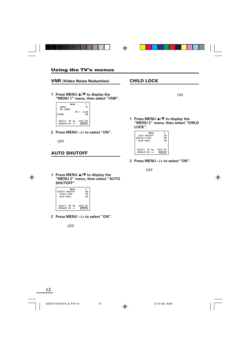 Child lock, Auto shutoff | JVC AV-1406FE User Manual | Page 12 / 40