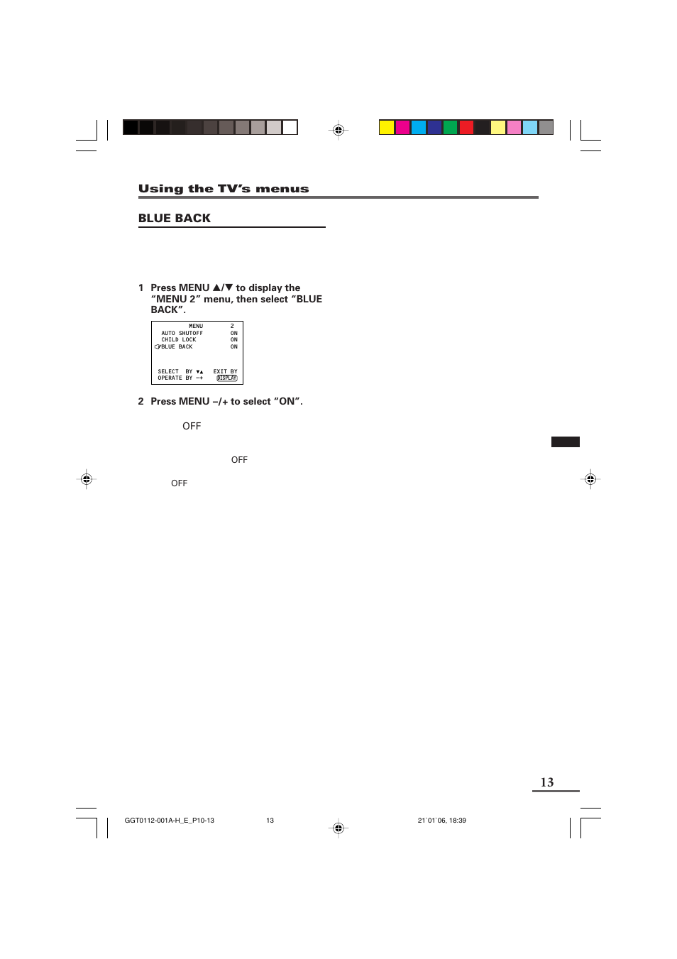 Blue back | JVC AV-1406FE User Manual | Page 13 / 40