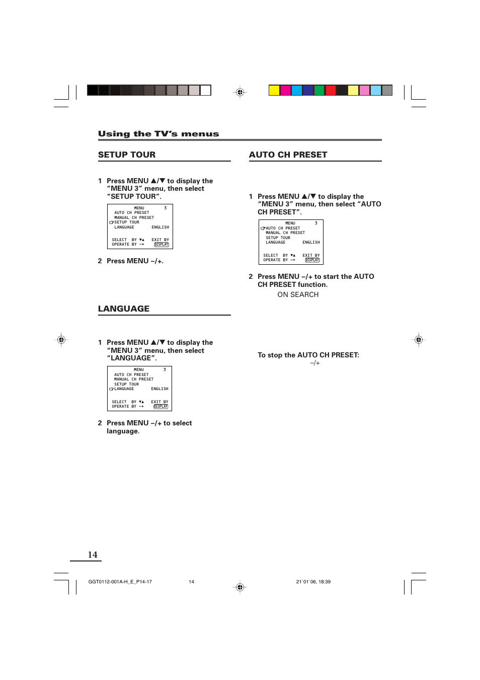 Setup tour, Language, Auto ch preset | JVC AV-1406FE User Manual | Page 14 / 40