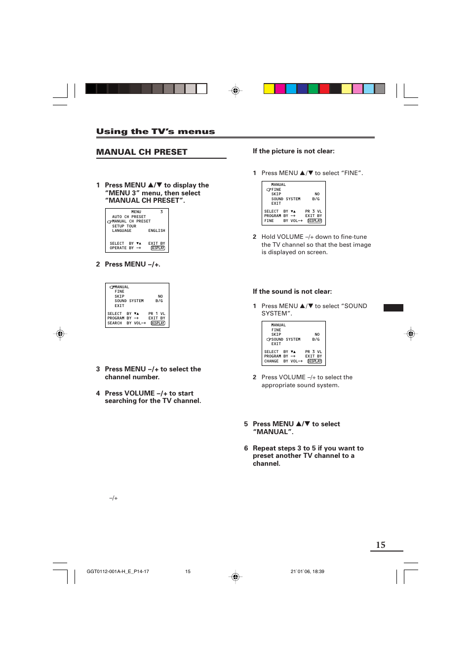 Manual ch preset | JVC AV-1406FE User Manual | Page 15 / 40