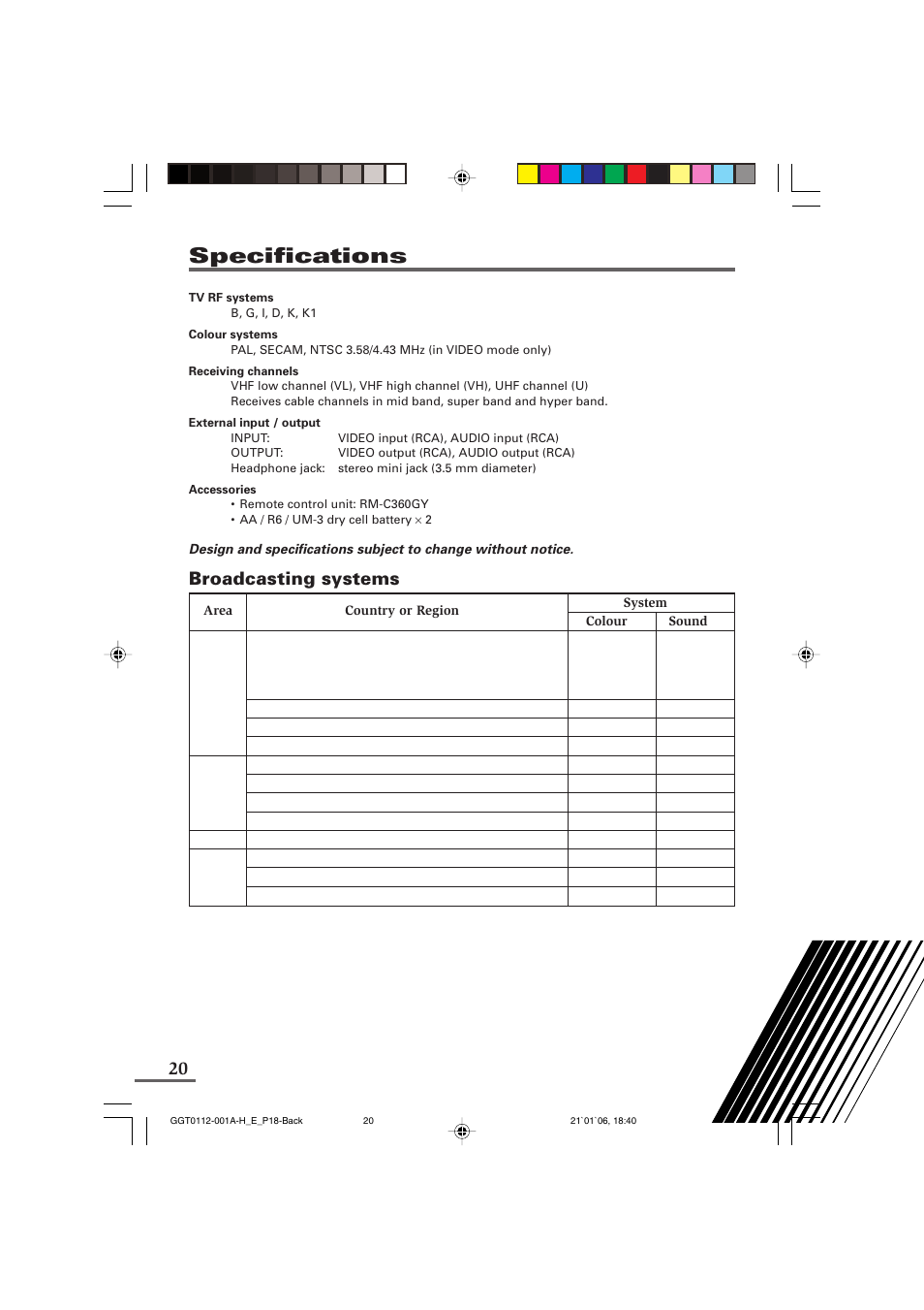Specifications, Broadcasting systems | JVC AV-1406FE User Manual | Page 20 / 40