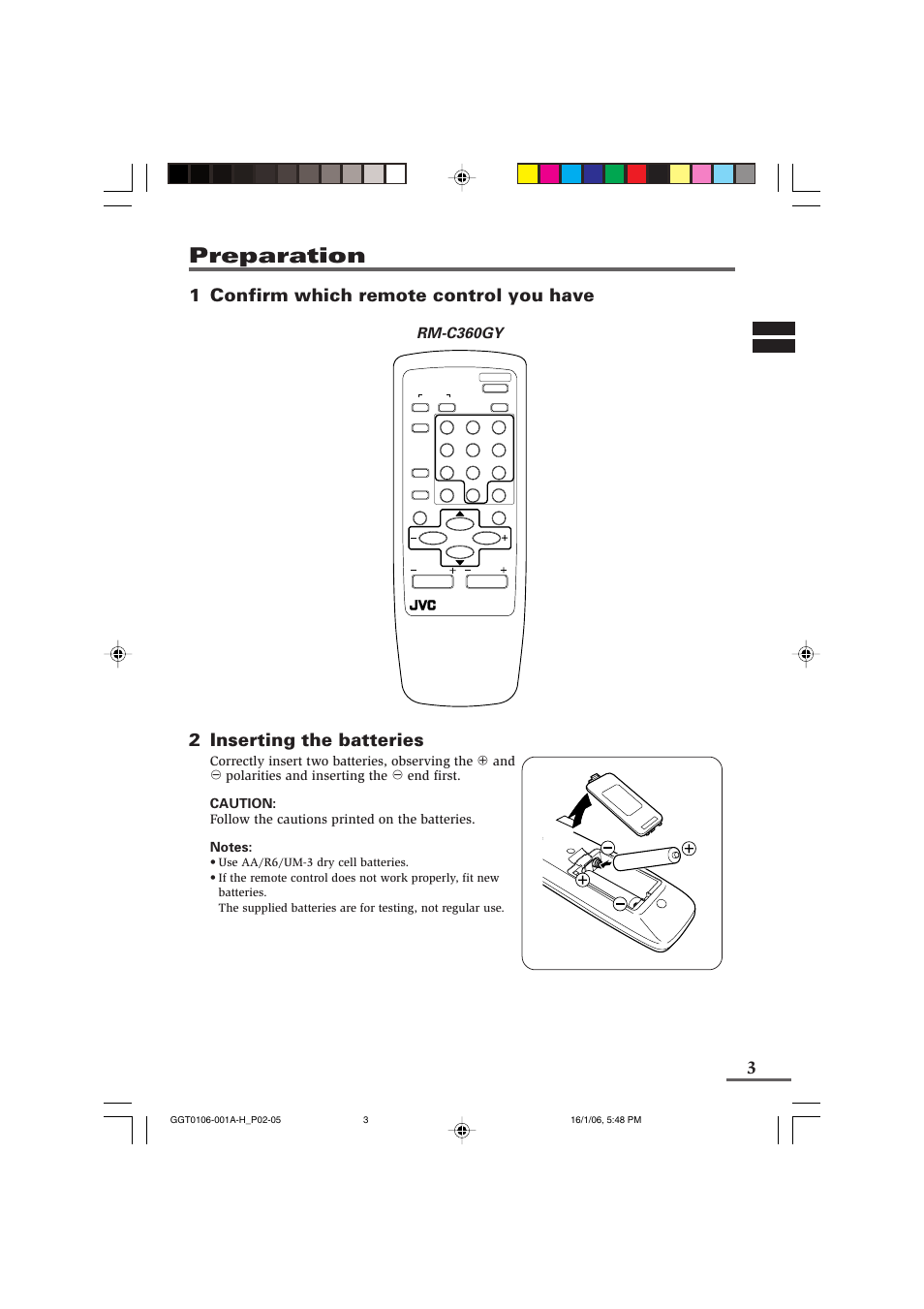 Preparation, 1 confirm which remote control you have, 2 inserting the batteries | Rm-c360gy | JVC AV-1406FE User Manual | Page 23 / 40