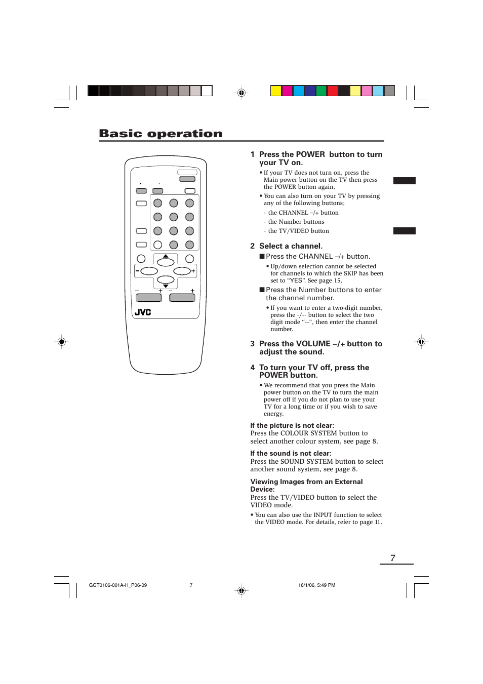 Basic operation, 1 press the power button to turn your tv on, 2 select a channel | JVC AV-1406FE User Manual | Page 27 / 40