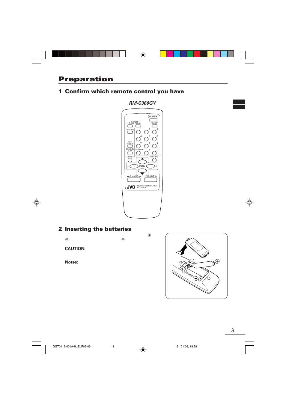 Preparation, 1 confirm which remote control you have, 2 inserting the batteries | Rm-c360gy | JVC AV-1406FE User Manual | Page 3 / 40