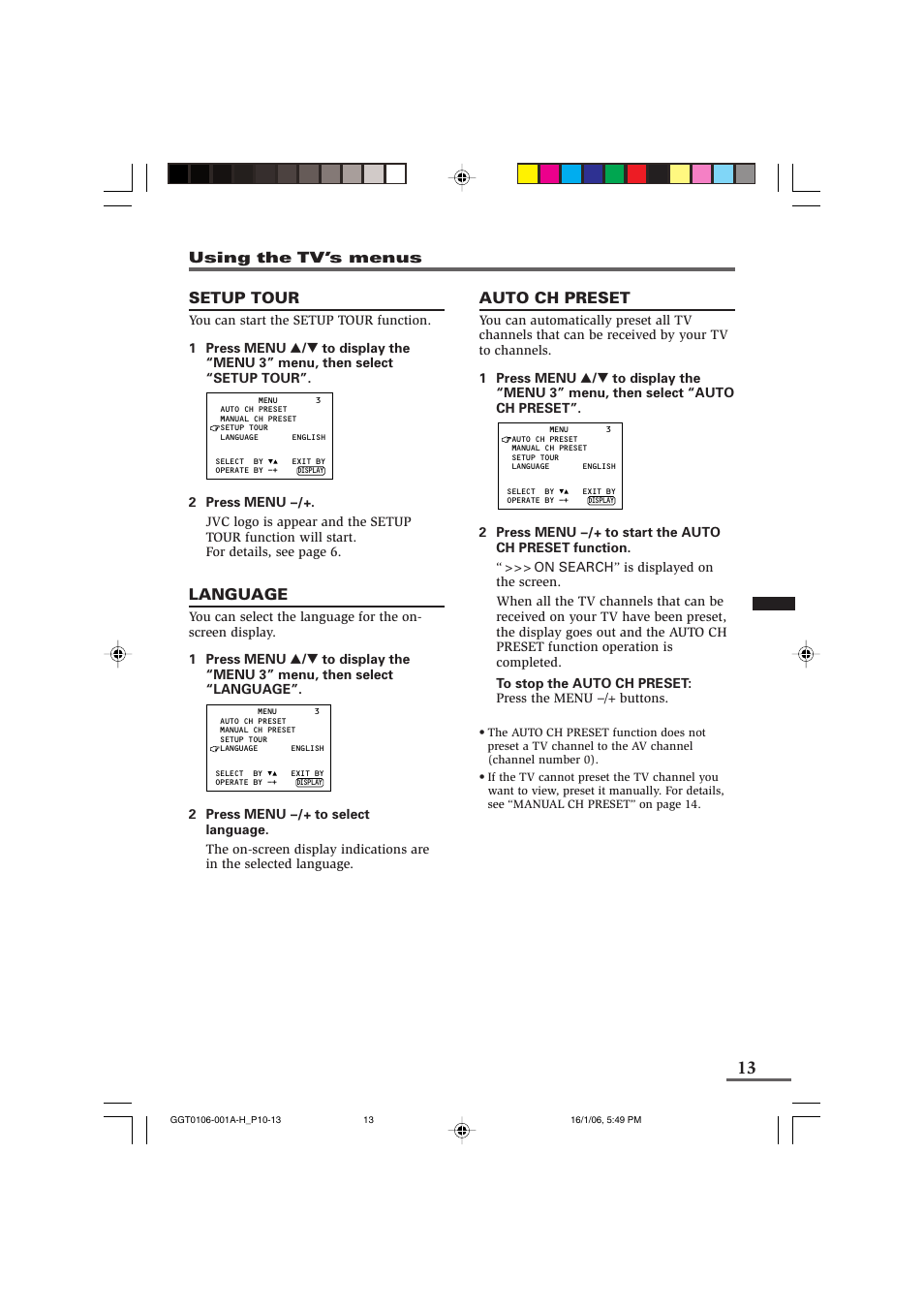 Setup tour, Language, Auto ch preset | JVC AV-1406FE User Manual | Page 33 / 40