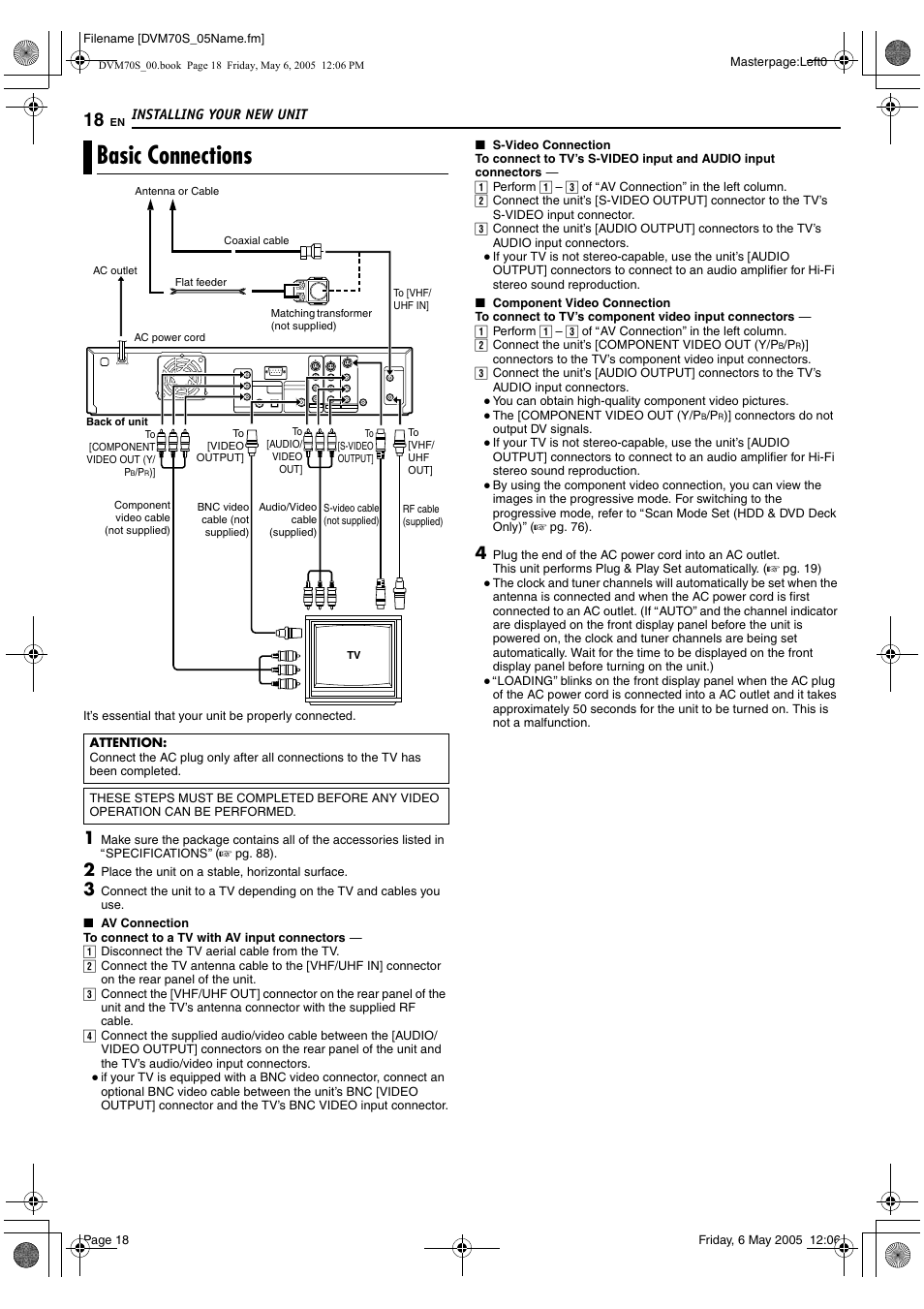 Installing your new unit, Basic connections | JVC SR-DVM70US User Manual | Page 18 / 92