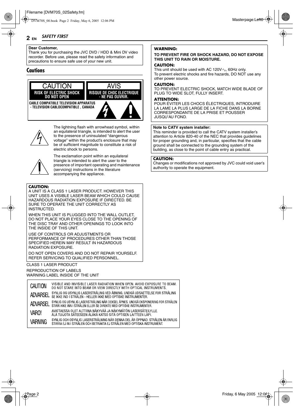 Safety first, Cautions, Caution avis | JVC SR-DVM70US User Manual | Page 2 / 92