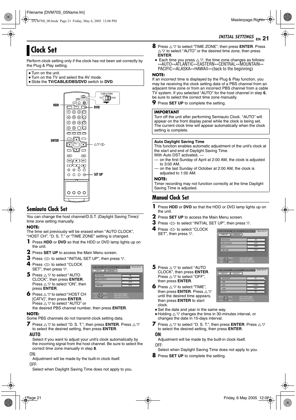 Clock set, Semiauto clock set, Manual clock set | Initial settings, Auto, Atlantic, Eastern, Central, Mountain, Pacific | JVC SR-DVM70US User Manual | Page 21 / 92
