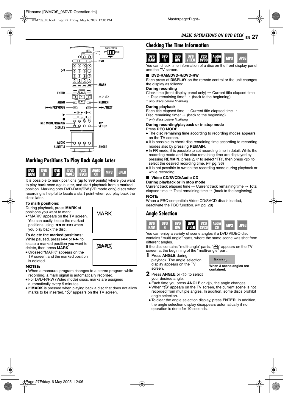 Marking positions to play back again later, Checking the time information, Angle selection | JVC SR-DVM70US User Manual | Page 27 / 92