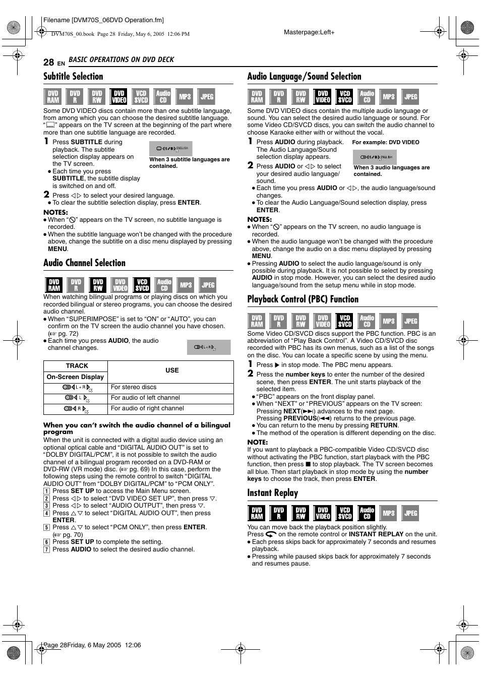 Subtitle selection, Audio channel selection, Audio language/sound selection | Playback control (pbc) function, Instant replay | JVC SR-DVM70US User Manual | Page 28 / 92