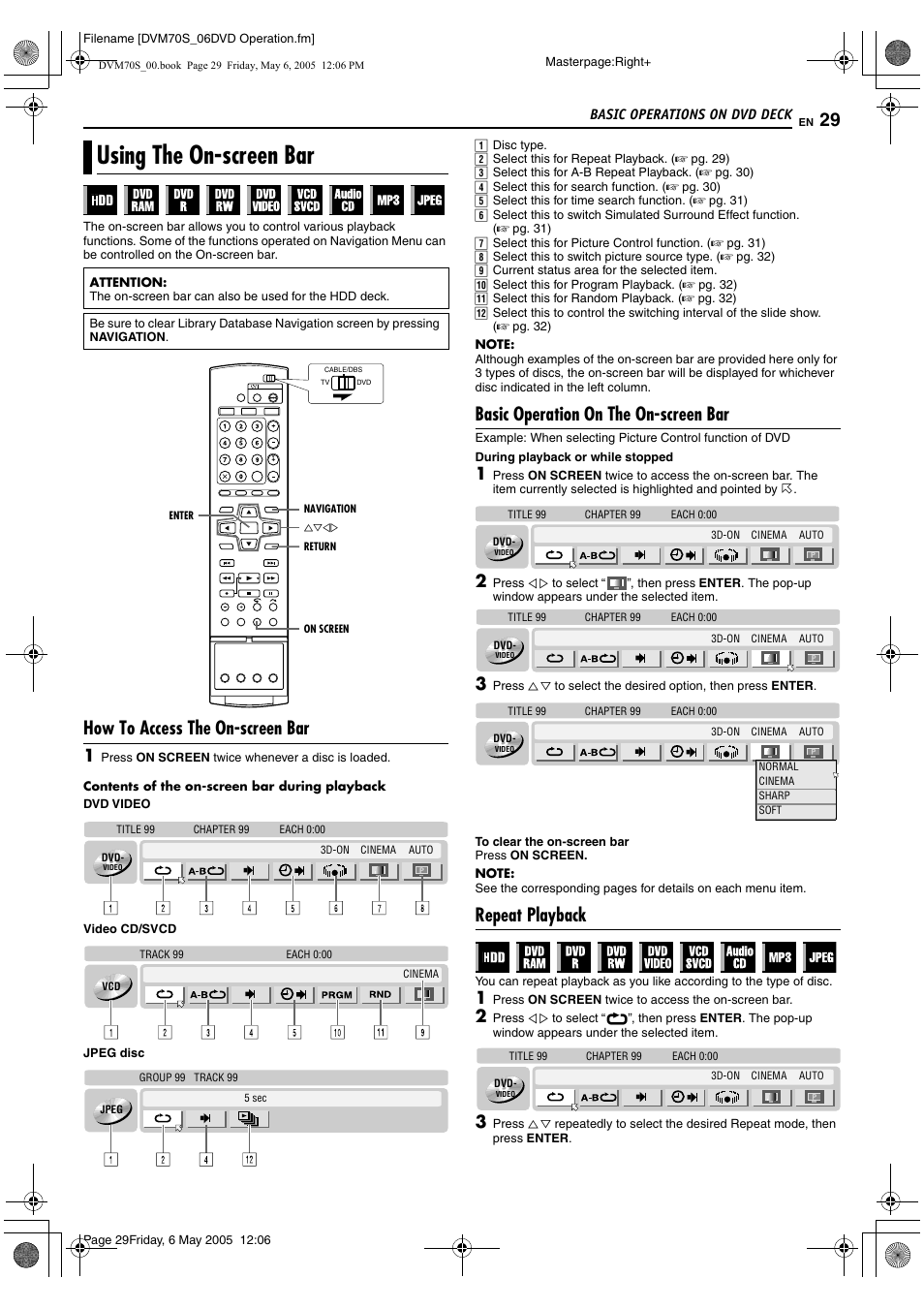 Using the on-screen bar, How to access the on-screen bar, Basic operation on the on-screen bar | Repeat playback | JVC SR-DVM70US User Manual | Page 29 / 92