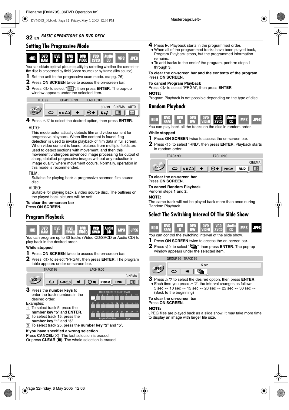Setting the progressive mode, Program playback, Random playback | Select the switching interval of the slide show | JVC SR-DVM70US User Manual | Page 32 / 92